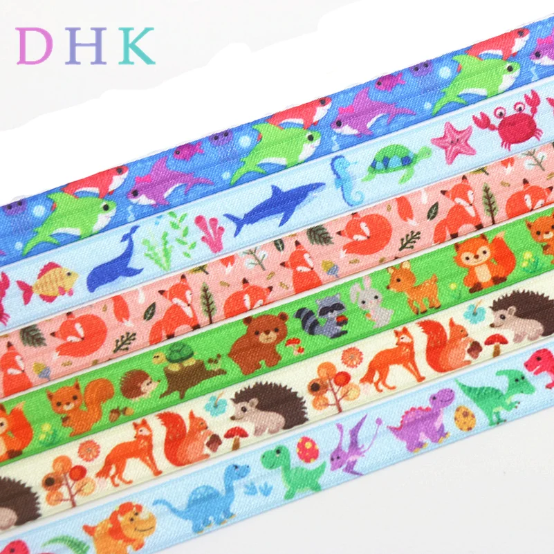 DHK 5/8'' 5yards fox shark dinosaur animals printed Fold Elastic FOE stretch ribbon hairbow headwear headband DIY OEM E1634