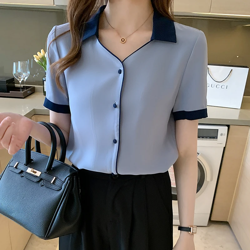 Blusas Blouses Top Femme Short Sleeve Chiffon Blouse Shirt Blouse Women Blusas Mujer De Moda 2024 Verano V-Neck Tops Women E841