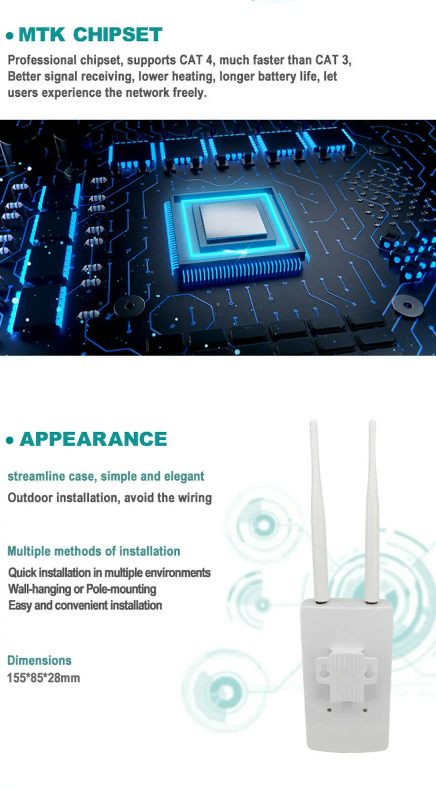 Enrutador 4G CPE para exteriores, enrutador WiFi impermeable de 150Mbps, Tarjeta SIM 3G/4G, para cámara IP/cobertura WiFi exterior