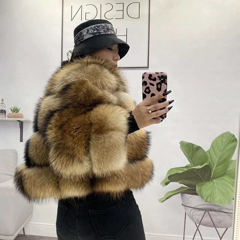 Women Winter Clothes Real Fur Raccoon Round Neck Fur Coat Natural Silver Fox Fur Fluffy Warm Thick Jacket Big Size Female Coats