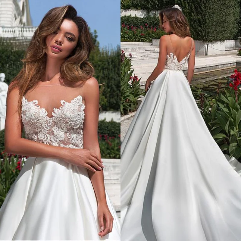 

Fashion V-neck applique White Ivory Wedding gown A-Line sexy backless satin bridal gown