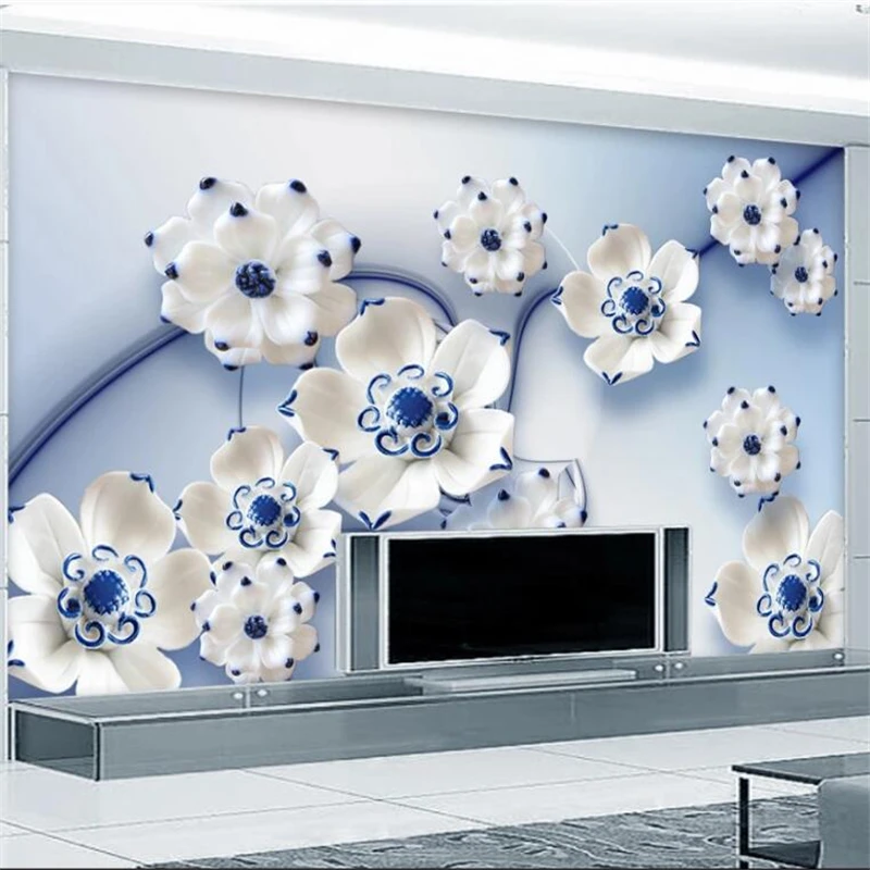 

beibehang Custom wallpaper 3d blue lotus jade carving TV background wall living room bedroom decorative painting papel de parede