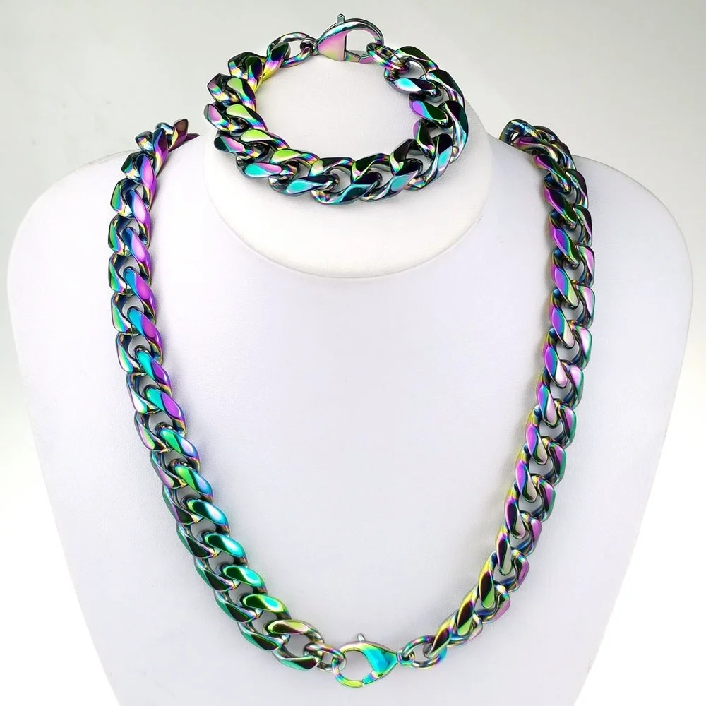 Stainless Steel Miami Curb Rainbow Cuban Link Chain Bracelet Necklace Set For Men 11~16mm width