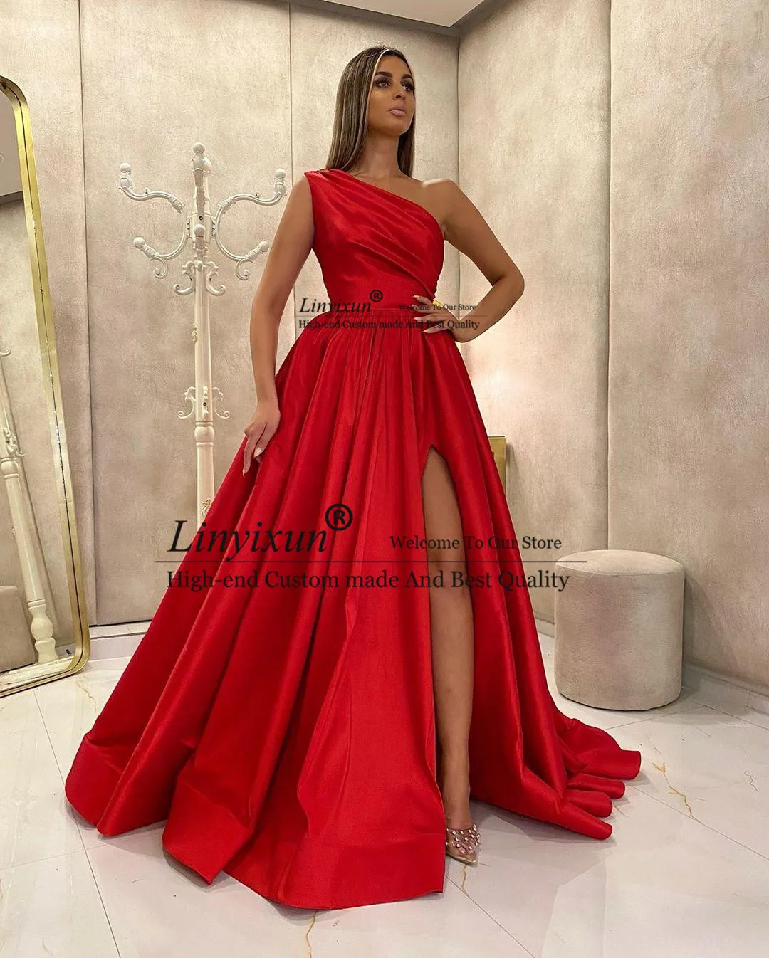 

Festival Red A Line Long Prom Dresses Side Split One Shoulder Vestidos De Fiesta Ruched Cheap Bride Party Formal Evening Dress