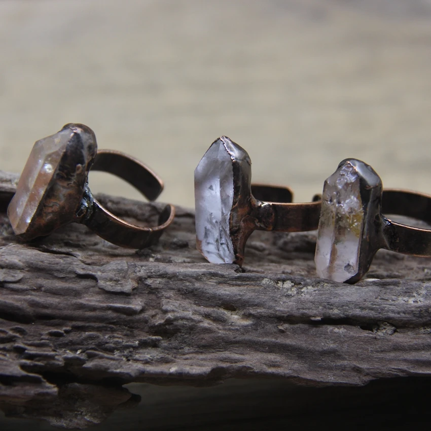 Natural Quartz Point Antique Copper Bezel Rings Raw Crystal Stick Tusk Slice Band Ring Retro Punk Jewelry Dropshipping,QC4022