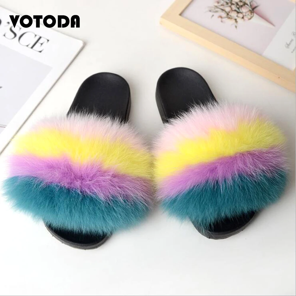 Children Slides Real Fox Fur Slippers Kids Fluffy Raccoon Sandals Fashion Furry Home Flat Flip Flops Baby Girls Cute Plush Shoes