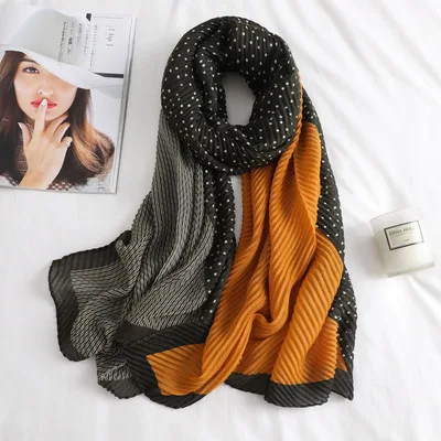 HOT SELLING Miyake pleated  Folded stretch silk scarf women Dots patchwork print scarf all-match crimped scarf IN STOCK