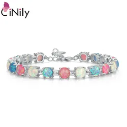 CiNily Rainbow Fire Opal Link Chain Bracelets Silver Plated White Blue Pink Stone Bohemia BOHO Jewelry Best Gift for Girl Women