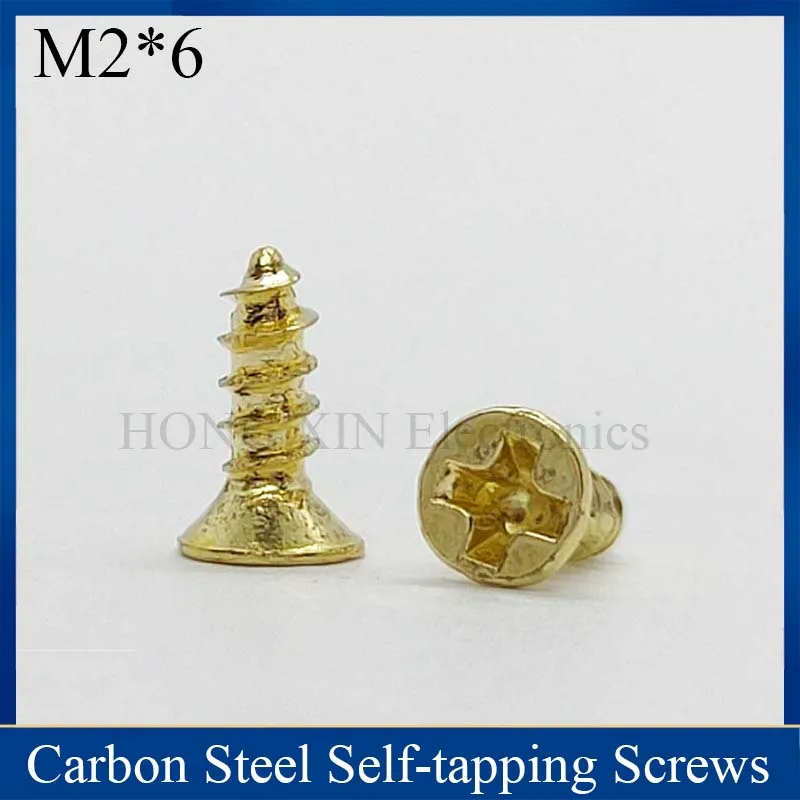 【M2*6】Gold Self Tapping Wood Screw Flat head Thread Nail Screw Fastener Wood Furniture Screws 1pcs