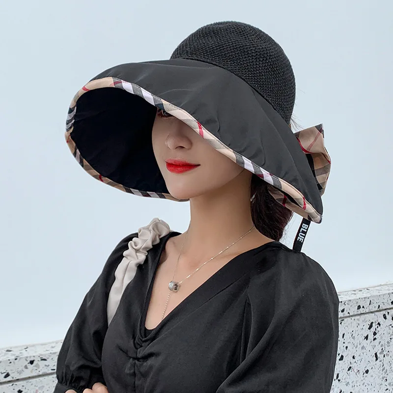 K121 Panama Women's Sun Hat Big Round Hat UV Sunscreen Bucket Hat with Rope Hat Women's Open Top Horsetail Beach Hat