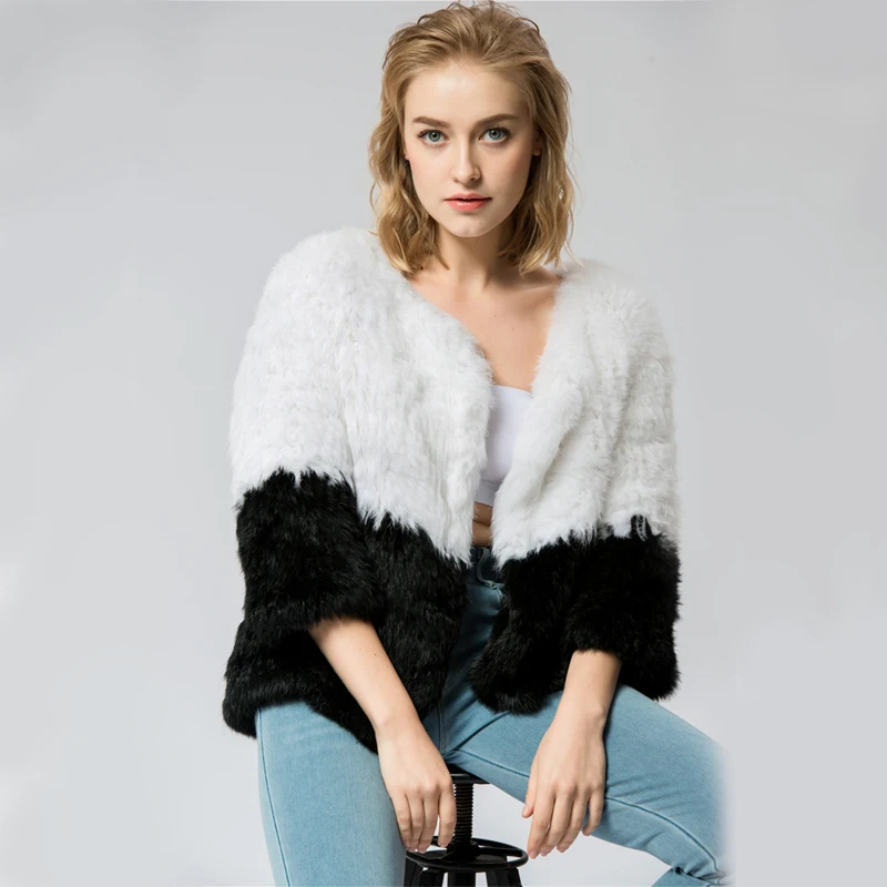 

CR071 Knitted Knit Real Rabbit Fur Coat Overcoat Jacket Russian Women's Winter Thick Warm Genuine Fur Coat