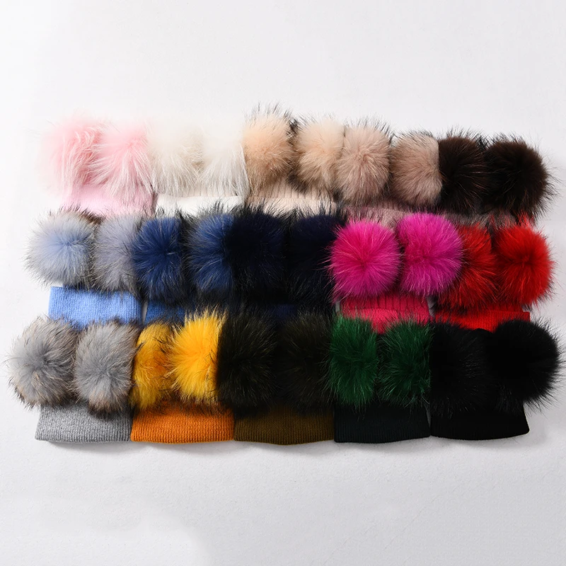 Jxwatcher Baby Winter Hats Child Warm Crochet Beanie Kids Warm Girls Boys Lovely Wool Hat Real Raccoon Fur Two Pom Pom Cap