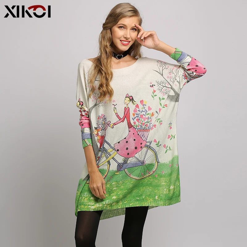 XIKOI Winter Oversized Sweater For Women Knitted Pullover Dress Smile Lucky Girl Print Pull Femme Beautiful Casual Loose Clothes