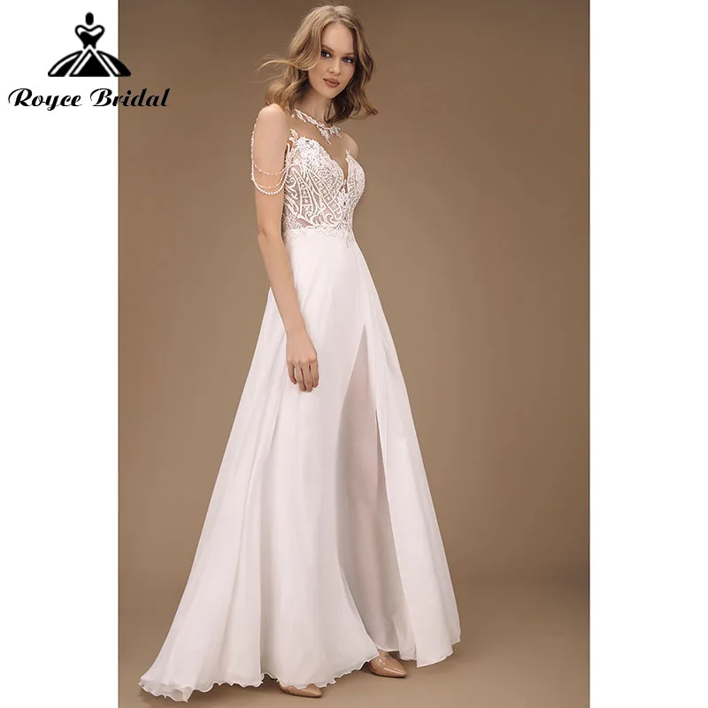 Elegant A Line Beach Boho งานแต่งงานชุด O คอชีฟองลูกไม้ Backless Beading แขนกุด Vestido Para Boda Playa Roycebridal 2022