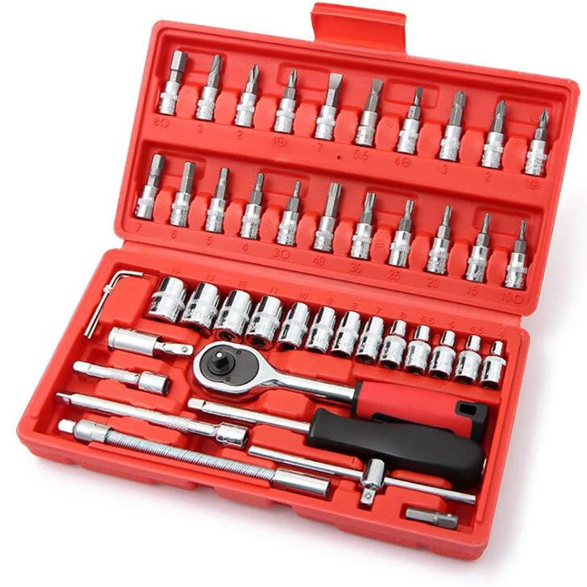 Mechanics Tool Set 46-Piece with Ratchet Wrench Socket Household Car Repair Tool Kit with Box Case for Men and Women, CR-V