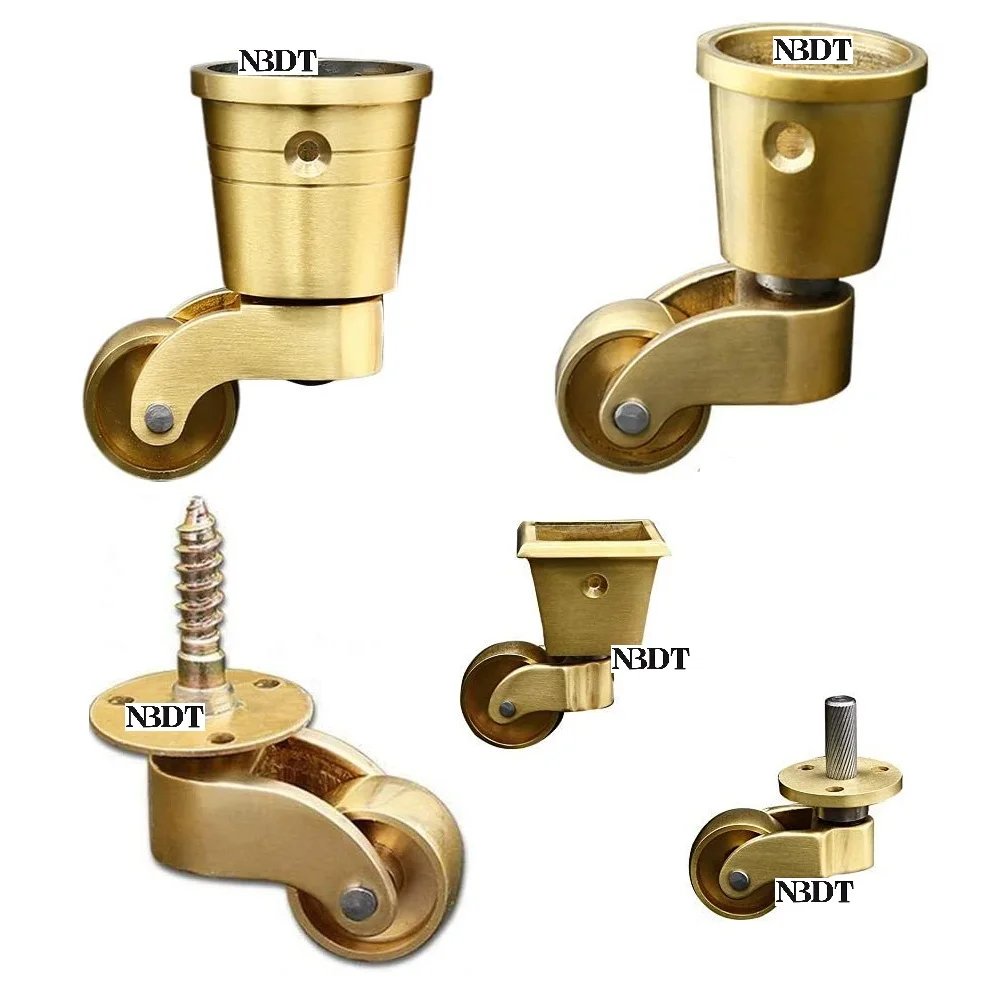 2Pcs Solid Brass Furniture Cup Caster Wheel Swivel Round Square Thread Bolt Piano Cabinet Wine Serving Trolly Chair Sofa