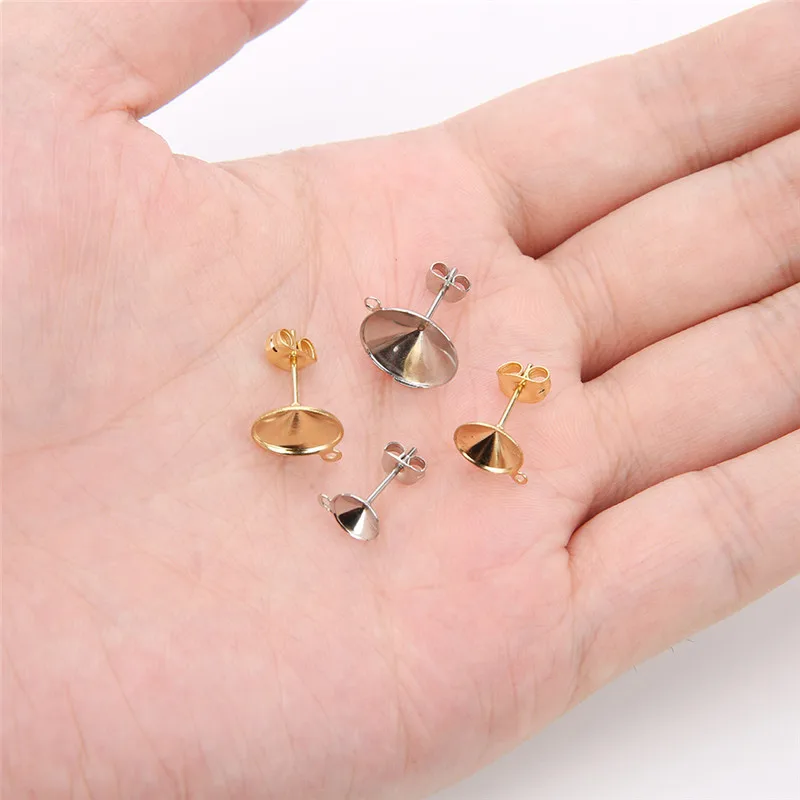 20pcs Stainless Steel Blank Stud Earring Pins Settings Earring Back Stopper 6/810/12mm Cabochon Base Jewelry Earring Findings