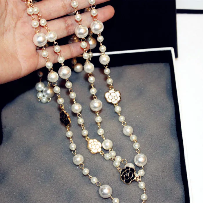 layered pearls beads  flower long pendant sweater necklace for women