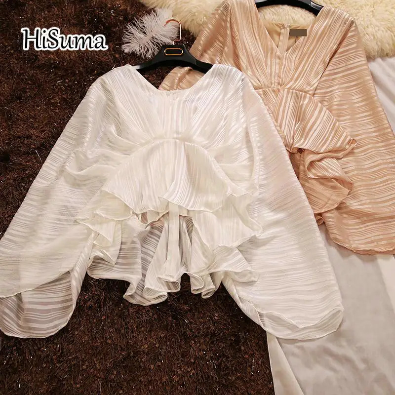 

2020 spring autumn new female blouses women's Silver striped chiffon bat sleeve V-neck flounce tops women ruffles Shiny shirts