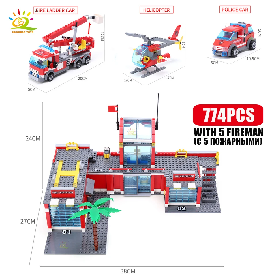 HUIQIBAO 774pcs City Fire Station Model Building Blocks Boys Firefighter Truck Educational Construction Bricks Toys For Children