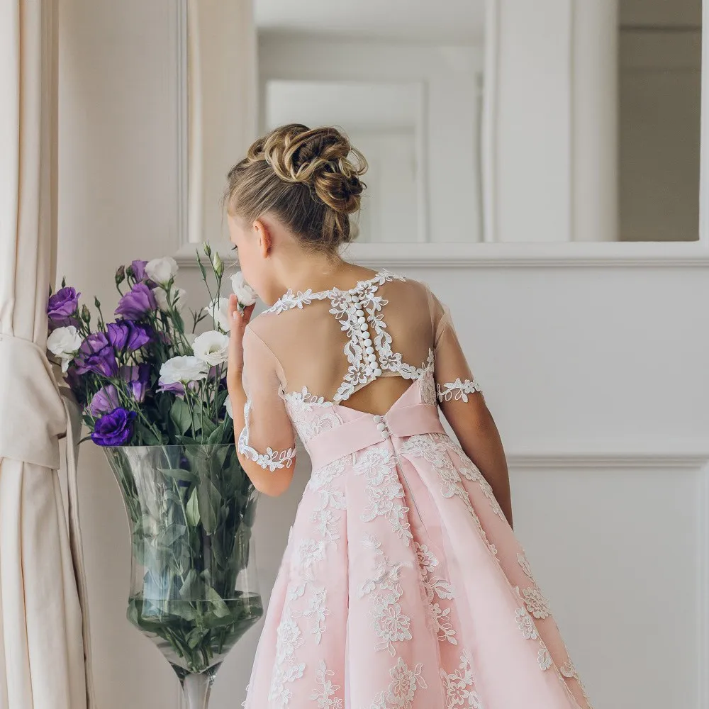 Robes de demoiselle d'honneur élégantes en dentelle Champagne, robes de concours sans manches en cascade pour enfants pour mariages, robes de première Communion