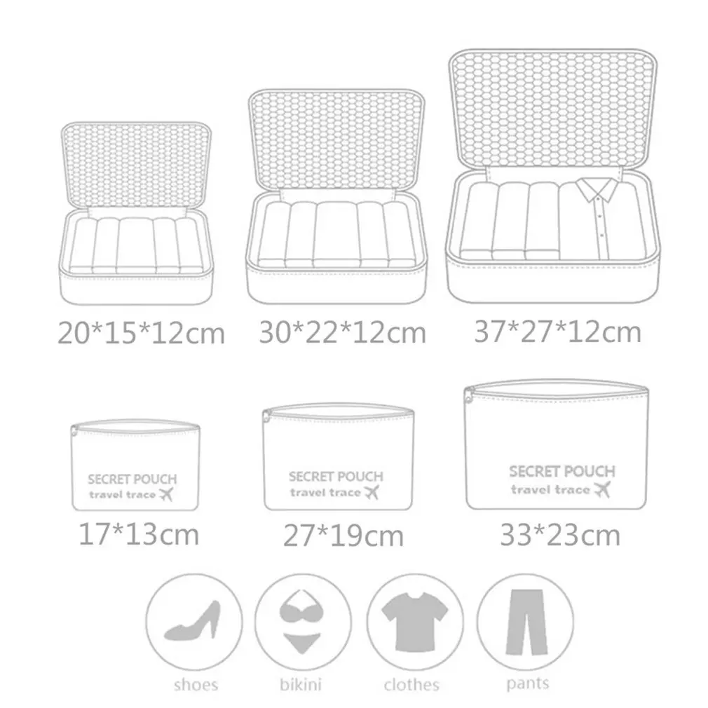 6 Pcs/set Nylon Packing Cubes Set Travel Bag Organizer Large Capacity Travel Bags Hand Luggage Clothing Sorting First Aid kits