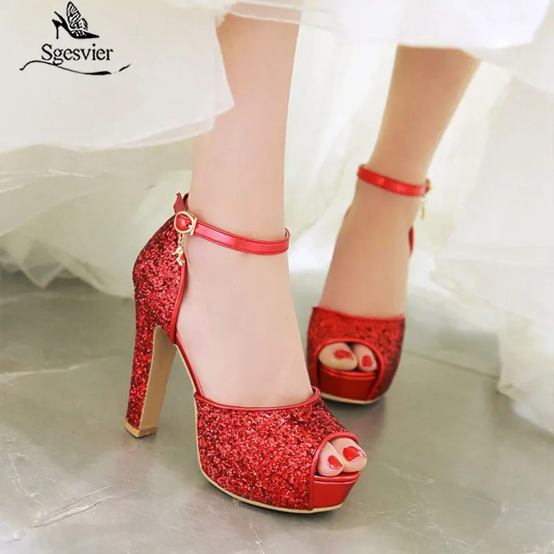 SGESVIER Women New Summer Sandals Sexy Bride Wedding Party Shoes Peep Toe Thick Heel Platform Red Gold Sandals Shoes Woman OX362