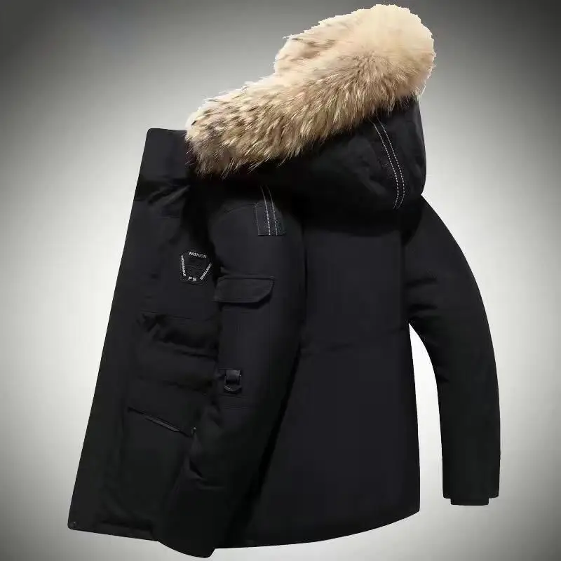 Fashion Hooded Real Fur Collar Down Jacket Men And Women The Same Thick Winter Outdoor Snow Coat Couple Tooling Oversized Jacket