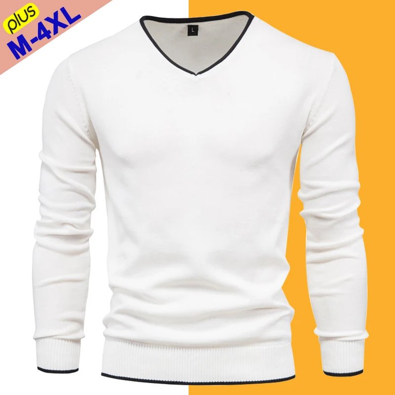 Male Sweaters Men Pullover Autumn Cotton V-Neck Slim Sweater Jumpers Man Knitwear Boy Clothing Plus Size 4XL Simple Style Jersey