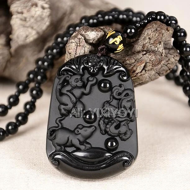Natural Black Ice Obsidian Carved Chinese Handmade Twelve Zodiac Blessing Amulet Pendant Beads Necklace Trendy Gift Jewelry view 4