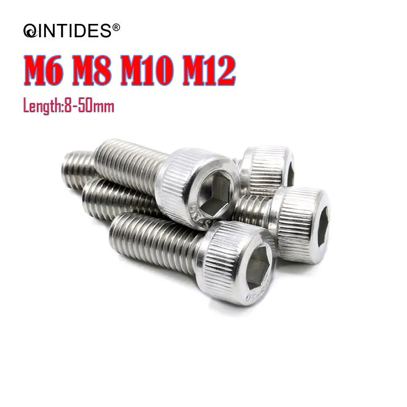 QINTIDES 20/200Pcs Length: 8-50mm M6 M8 M10 M12 Hexagon Socket Head Cap Screws 304 Stainless Steel Hex Socket Screws