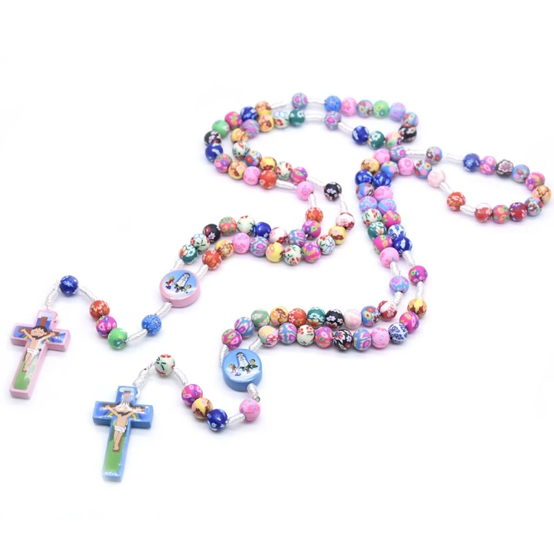 QIGO Colorful Polymer Clay Rosary Necklace Handmade Children Catholic Cross Prayer Beads