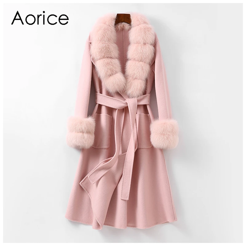 

Aorice Winter Women Wool Coat Jacket with Fox Fur Collat New Female Warm Trench Parka CT116