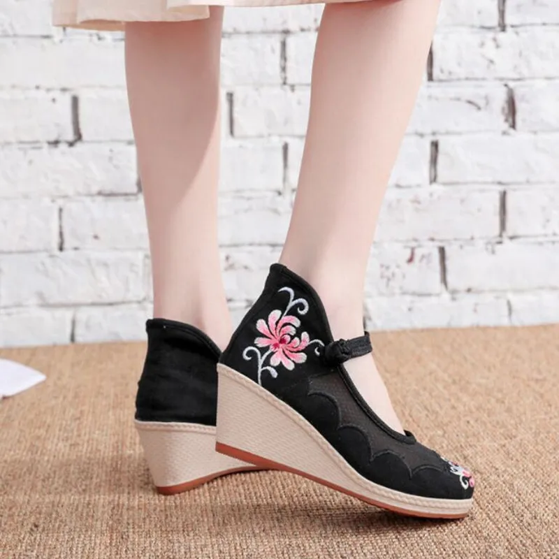 Air Mesh Wedge Pumps for Ladies 2021 Summer Women Shoes обувь для женщин летняя Ethnic Embroidered Ankle Strap Female Sandals