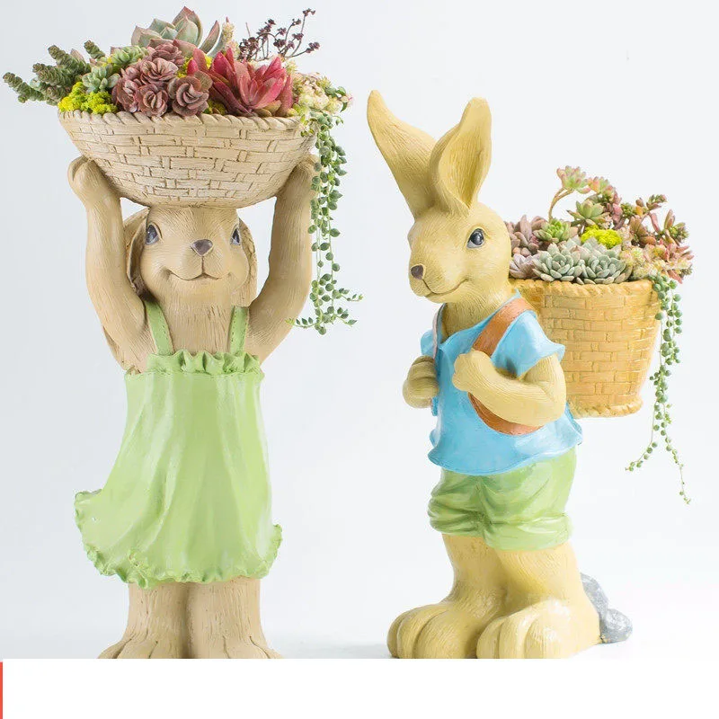 Pastoral Resin Large Caliber Succulent Flower Pot Home Rabbit Plants Animal Vase Courtyard Garden Figurines Decoration Crafts