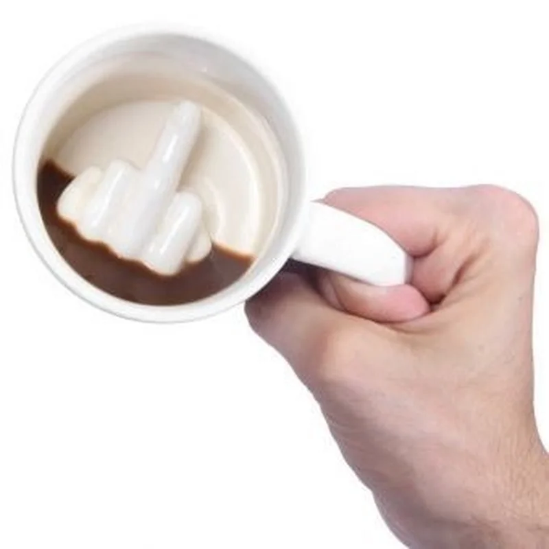 Hot Arrival Creative Design White Middle Finger Style Novelty Mixing Coffee Milk Cup Funny Ceramic Mug Enough Capacity Water Cup