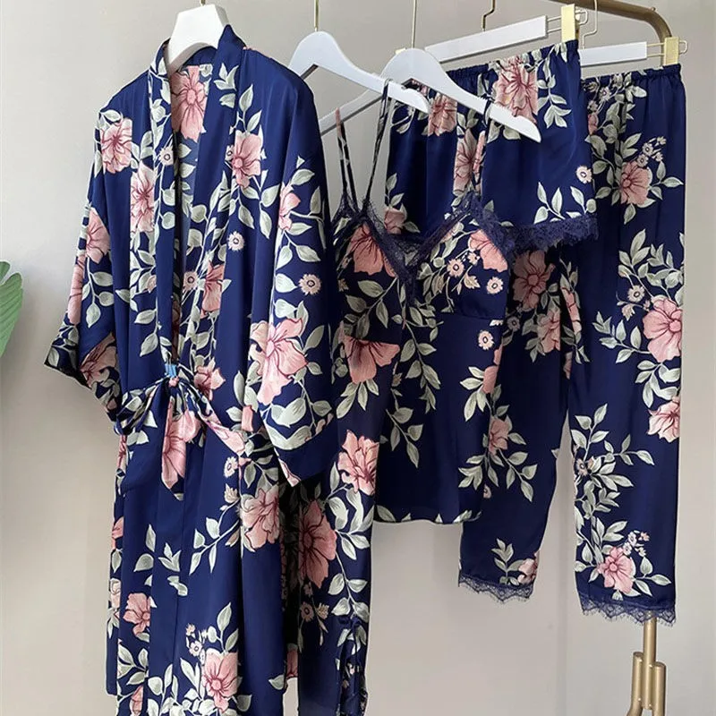 Ensemble de pyjama 5 pièces en soie rayonne, Sexy, vêtements de nuit pour femmes, imprimé fleur, peignoir, chemise de nuit, ample, décontracté,