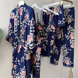 Sexy Rayon Silk 5PCS Pajamas Set Female Sleepwear Print Flower Bathrobe Nightgown Lady Loose Casual Pijamas Suit Home Clothes