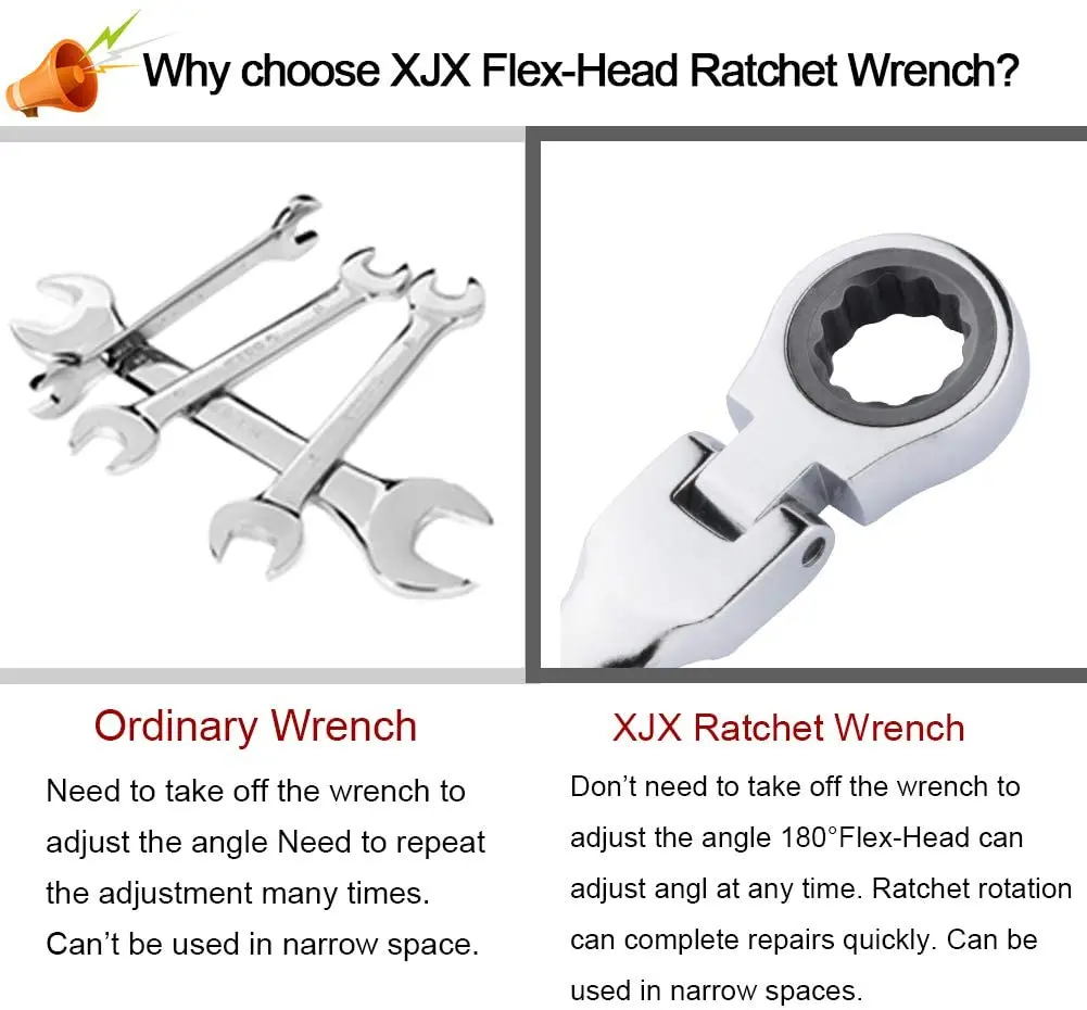 Flex-Head Extra Long Ratcheting Wrenches Double Box End Chrome Vanadium Steel 72-Tooth Wrench with Metric 9 mm x 11 mm