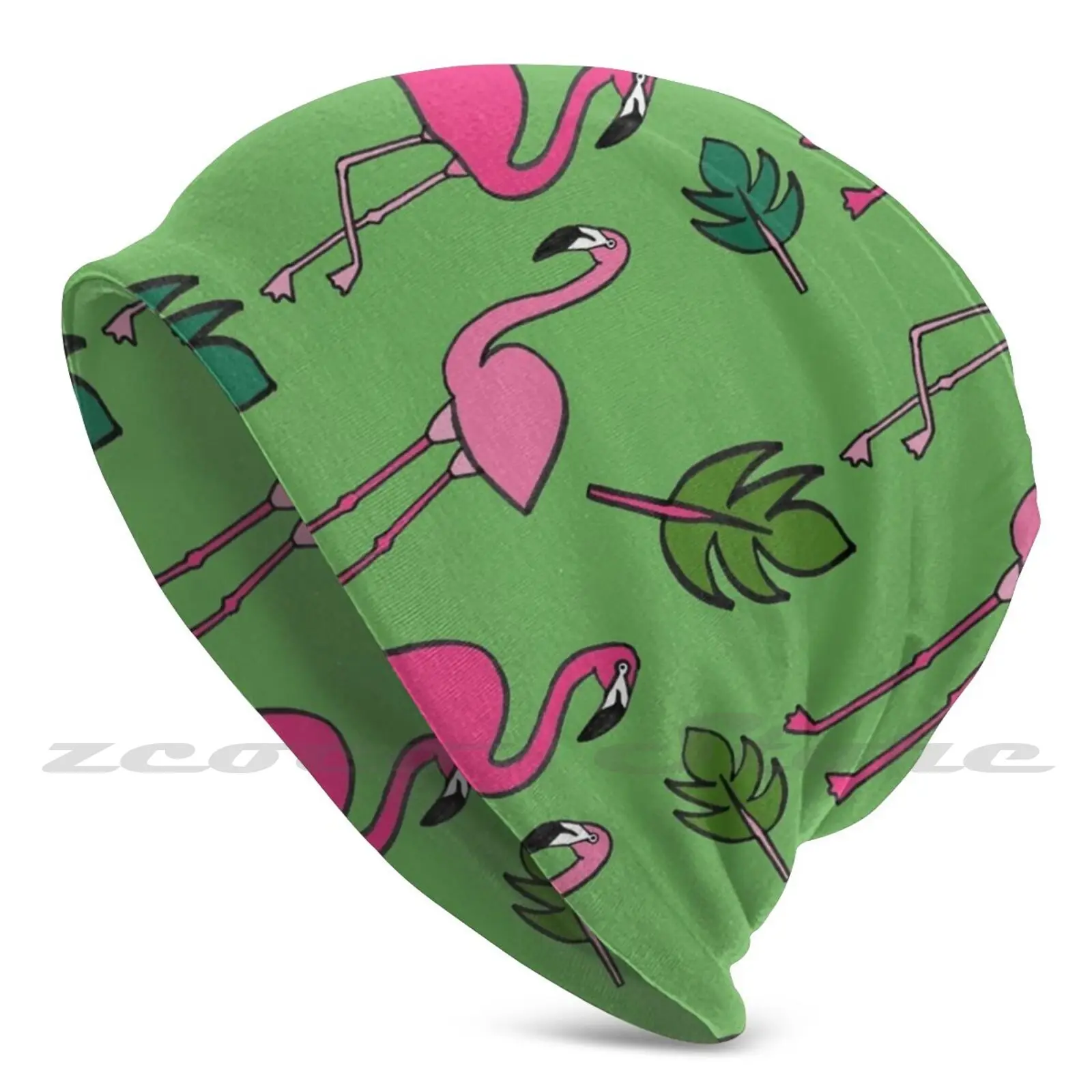 Flamingo Print-Green Diy Pullover Cap Knit Hat Plus Size Keep Warm Elastic Soft Flamingo Flamingo Pink Feathers Birds Tropical