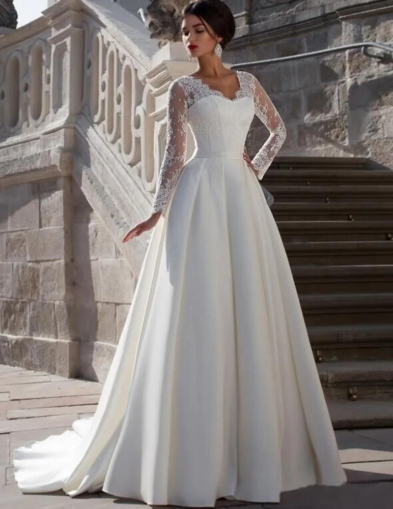 Vestido de noiva abito da sposa a maniche lunghe A-Line pizzo abiti da festa in raso Robe de mariage Vintage 2018 abiti per la madre della sposa