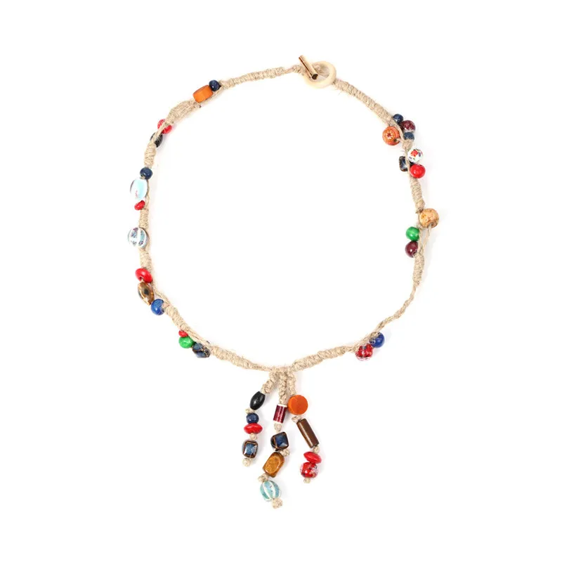 New Fashion Bohemian Exaggerated hand knitting Ceramic Beads Clavicle Chain Necklace Women Retro Hemp Rope Bead Pendant Necklace