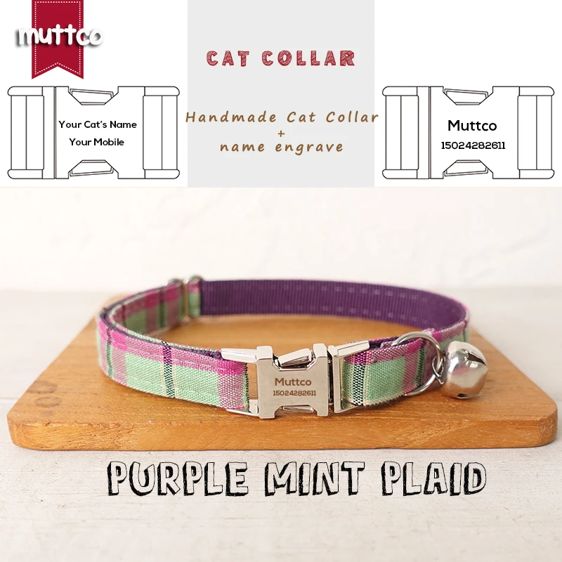 MUTTCO Retailing engraved nice self-design personalized cat collars PURPLE MINT PLAID handmade collar  2 sizes UCC099