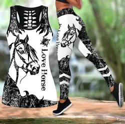 Love Horse Black Tattoo 3D Printed Hollow Tank Top & Leggings Set Fitness Female Full Length Leggings Running Pants DDK72
