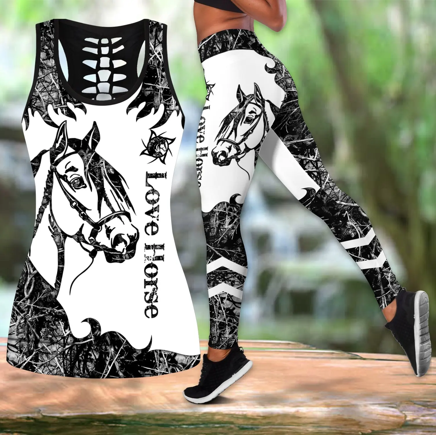 Love Horse Black Tattoo 3D Printed Hollow Tank Top & Leggings Set Fitness Female Full Length Leggings Running Pants DDK72