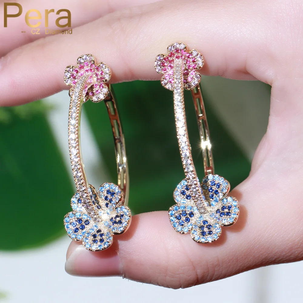 Pera Sweet Red Blue Cubic Zirconia Elegant Flower Shape Large Round Gold Color Hoop Earrings for Women Trendy Brand Jewelry E657