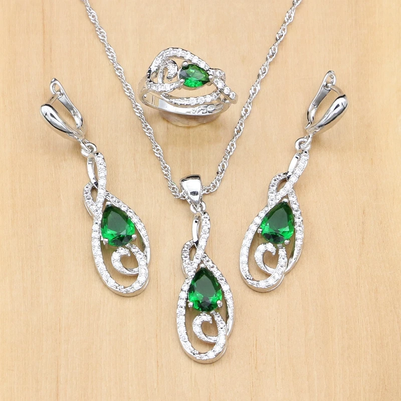 Musical Note Silver 925 Jewelry Sets Green CZ White Stone Beads For Women Long Earrings/Pendant/Ring/Necklace Set