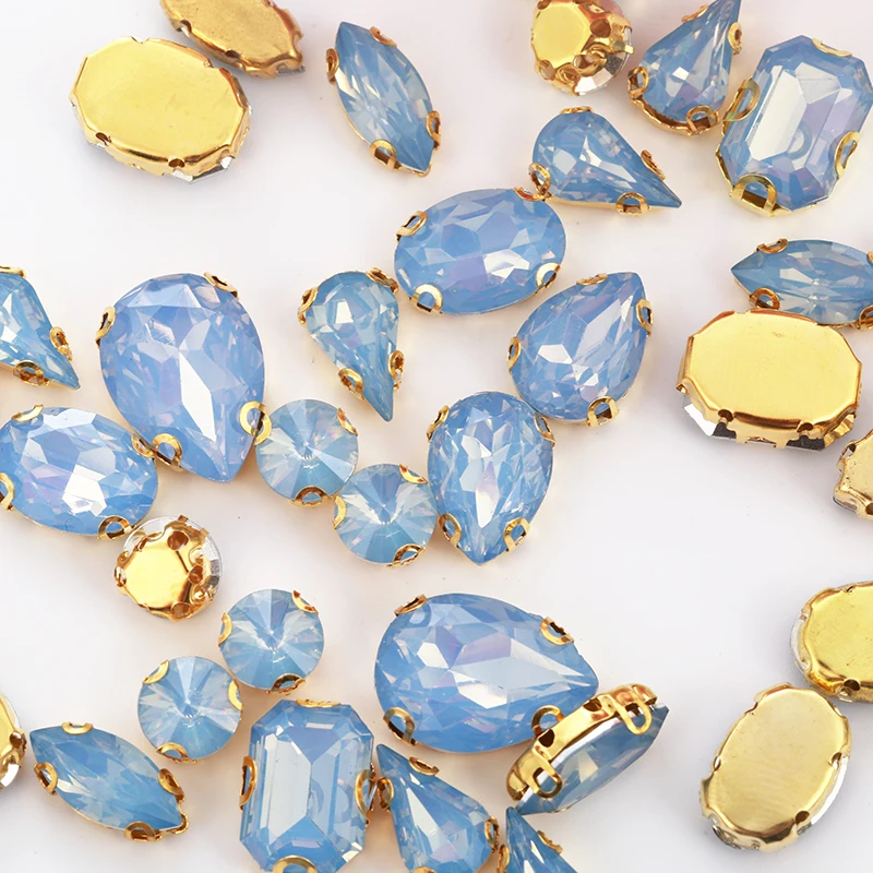RESEN 50PCS Mix Shapes Mix Sizes Blue Opal Resin Sew On Stones With Gold Bottom Claw Rhinestones For DIY Clothing Accessories