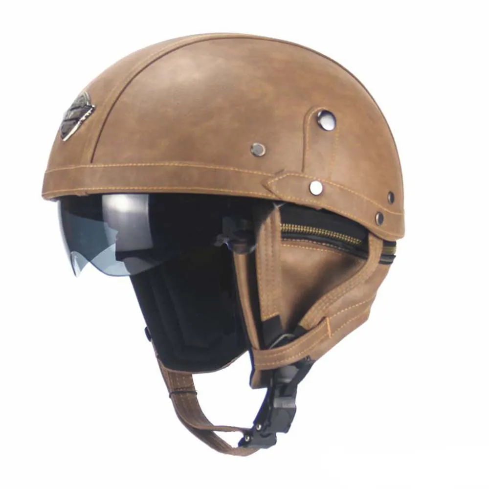 

TKOSM Motorcycle Motorbike Rider Half Open Face PU Leather Helmet Visor With Collar Leather Vintage Motorcycle Motorbike Vespa