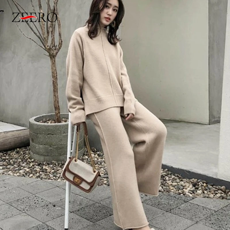 

Autumn Winter Womens Black Knitted 2 Pieces Set Casual Half-high Collar Pullover Sweater Tops + Wide Leg Pant Trousers Suit